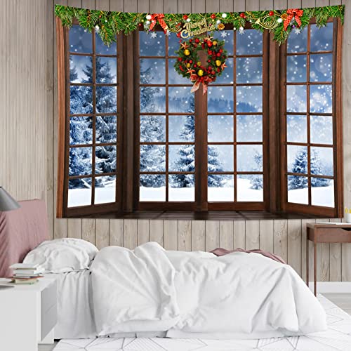 Christmas Snow Forest Wall Tapestry with Brown Window - Winter Landscape Decor 70.9 x 92.5 inches Variation of THIS listing