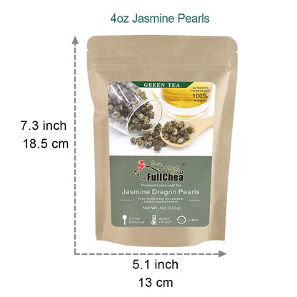 FullChea - Jasmine Pearl Tea - Jasmine Dragon Pearls - Loose Leaf Green Tea - Jasmine Green Tea with Delightful Aroma 4oz / 113g