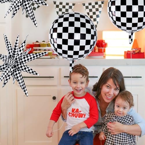 TONIFUL 8 Pack 22 Inch Black Checkered Large 4D Round and Star Foil Balloons Set - Party Decorations for Christmas, New Year, Birthday, Wedding