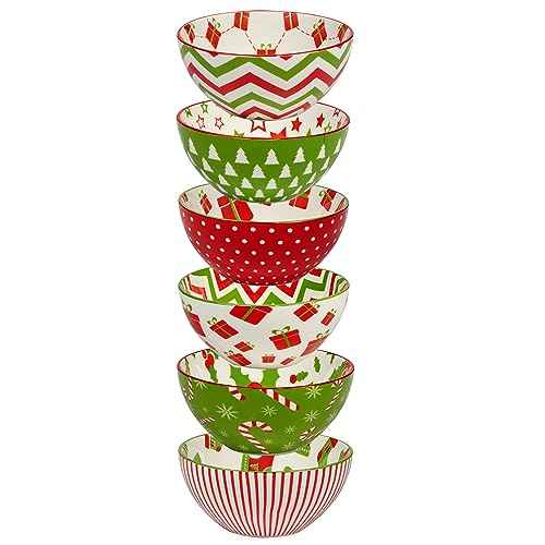 Holiday Fun 13 oz Porcelain Bowls Set of 6 ? Festive Assorted Designs, Chip-Resistant, Dishwasher & Microwave Safe, Durable All-Purpose Holiday Dinnerware for Snacks, Soups, and Desserts.