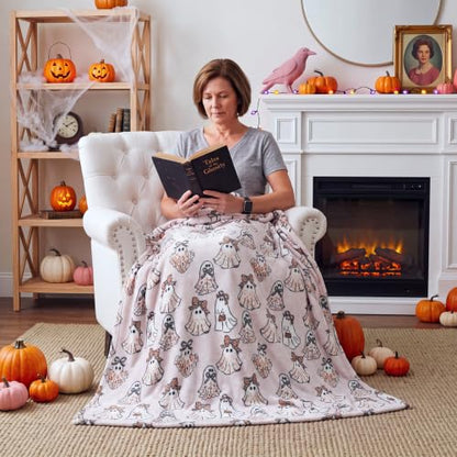 Halloween Leopard Print Ghost Throw Blanket 60x50 Inch - Cozy Reversible Decor