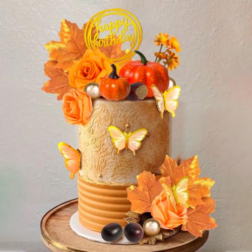 Fall Cake Topper Set with Autumn Flowers, Pumpkins & Maple Leaves for Thanksgiving