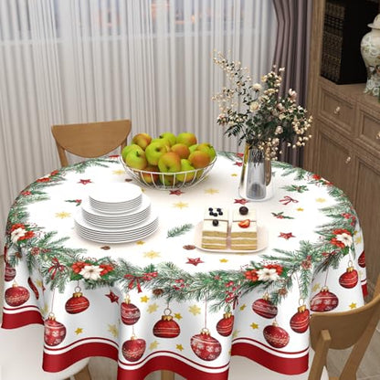 Christmas Round Tablecloth 60 Inch Xmas Bells & Snowflake Pattern - Red Variation