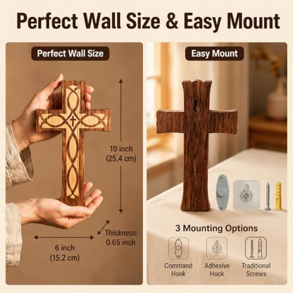 10-Inch Wooden Cross Wall Decor - Handcrafted Religious Jesus Carved Pattern - Ichthys Style