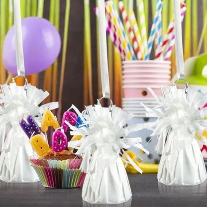 White Balloon Weights Set with Ribbons for Party Decorations - 6 Pieces