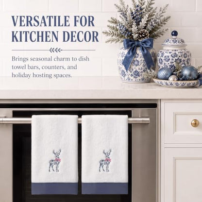 Chinoiserie Reindeer Hand Towels - Blue and White Christmas Decor, Set of 2