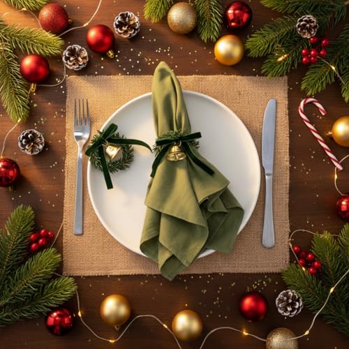 Christmas Napkin Rings with Velvet Bows, Bell & Pine Wreath - Green, 12 Pack