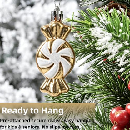 Shatterproof Christmas Ornaments Set - Red White Candy Cane Gold Variation, 130 Pieces