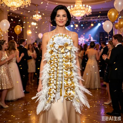 Large White Gold Homecoming Mum with Feathers & Satin Ribbon - Variation: White Gold Hoco
