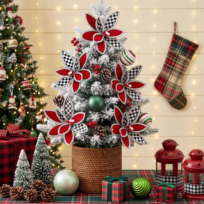 Black Checkered Christmas Poinsettia Artificial Flower Set - 12 Inch