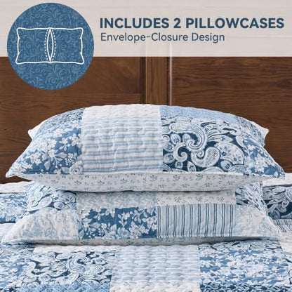 Alaskan King Quilt Set 132x120 Blue Patchwork Reversible Bedspread