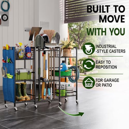 3-Sided Garden Tool Organizer with Wheels and Storage Shelves