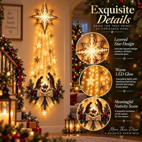 Lighted Nativity Bethlehem Star Wall Decor with Warm LED Lights - Gold, 1 Piece