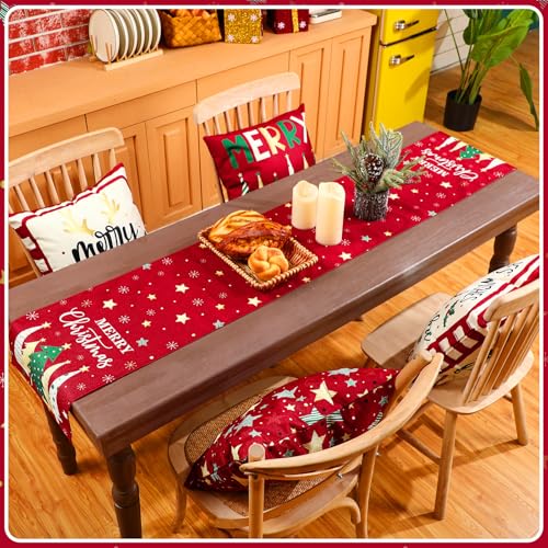 Christmas Table Runner & Pillow Covers Set - Star Pattern, 18x18 Inch, Holiday Decor