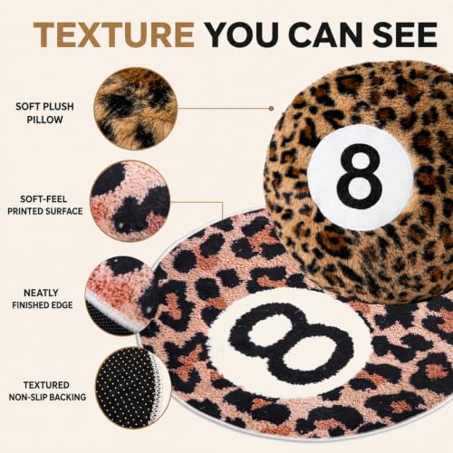 Cheetah Print 8 Ball Rug and Throw Pillow Set - Circular Home Decor for Teen Dorm