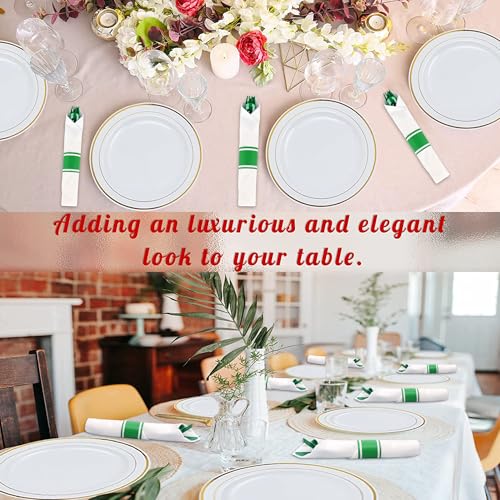 50 Pack Green Plastic Silverware Set with Napkins - Pre-Rolled Disposable Utensils