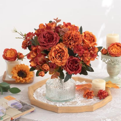 Artificial Fall Peony & Hydrangea Bouquet Set - Orange Red / Mixed 2pcs