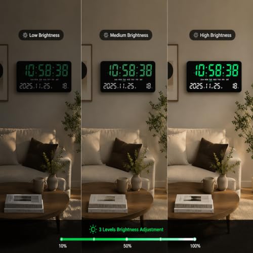 Digital Wall Clock 11'' LED Display - Large Screen, Night Mode, Green-White