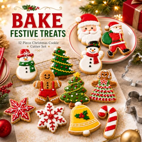 Christmas Cookie Cutter Set 12 Stainless Steel Holiday Baking Molds - Santa Snowman Tree