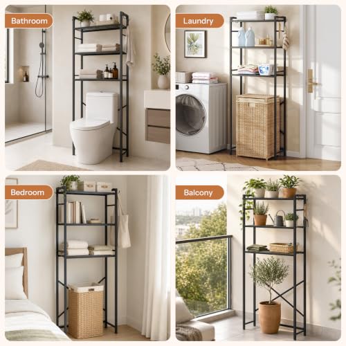 Over-the-Toilet Bathroom Storage Rack 3-Tier Organizer with Adjustable Shelves & Hooks