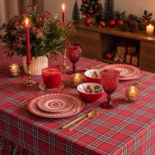 Christmas Ruffle Plaid Rectangular Tablecloth - Red, 60 x 84 Inches - Softalker