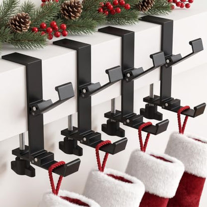 HUITEM 4 Pcs Stocking Holders for Mantle Black Adjustable Holiday Hooks