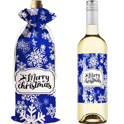 IRADA Burlap Wine Bags - 2 Bottle Party Decorations with Snowflake Labels - Christmas Gift Wrap