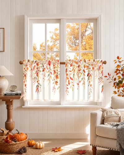 Fall Leaves Kitchen Curtain Set - 28 Inch Linen Blend Window Panels