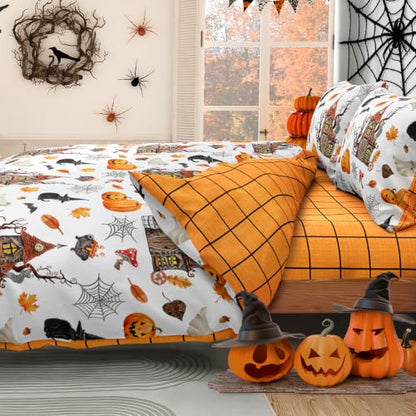 Halloween Duvet Cover Set Queen with Pumpkin Haunted House Pattern, Orange & White