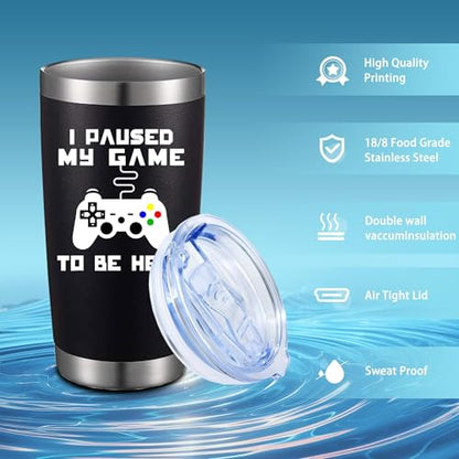 20oz Funny Gaming Slogan Stainless Steel Tumbler with Lid - Paused My Game - Black