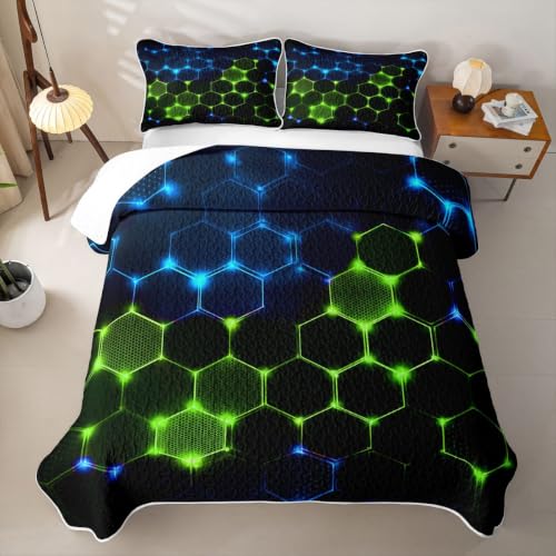 Castle Fairy 3D Honeycomb Block Quilt Set Twin Size Neon Blue Green with Pillow Sham - Geometric Kids Bedding