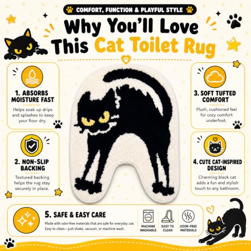 Black Cat U-Shaped Toilet Rug - Washable Bathroom Mat, 24x20 Inches