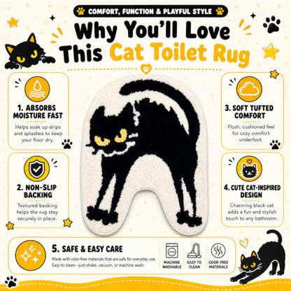 Black Cat U-Shaped Toilet Rug - Washable Bathroom Mat, 24x20 Inches