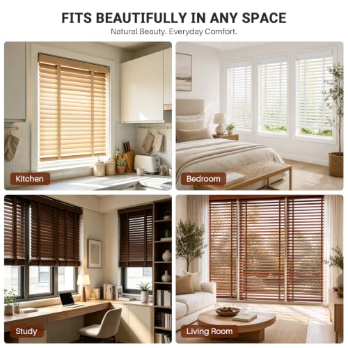 Dark Walnut Custom Size Wooden Blinds - Cordless Venetian Window Shades with 2" Slats for Room Darkening & Privacy