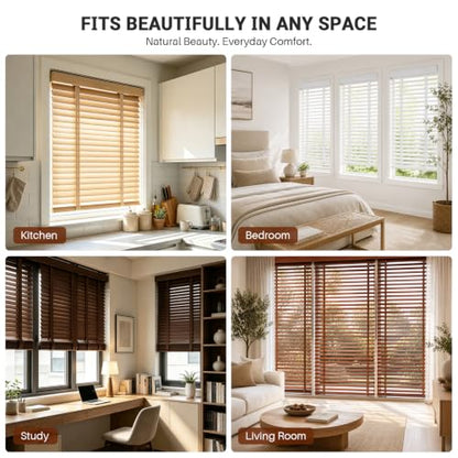 Dark Walnut Custom Size Wooden Blinds - Cordless Venetian Window Shades with 2" Slats for Room Darkening & Privacy