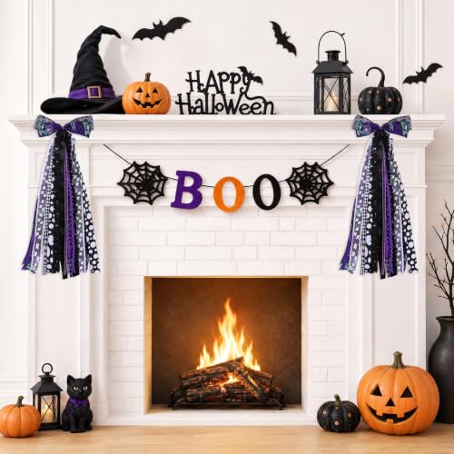 Halloween Wreath Sash for Front Door Black & Purple Ribbon Bows with Clip - Spooky Seasonal Decor