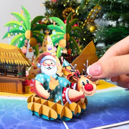 Tropical Pop Up Christmas Card with Envelope - 6x8 Inch Holiday Greeting Card for Kids, Family, Friends