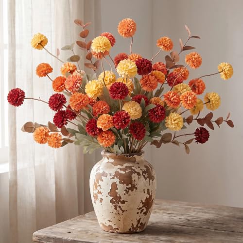 Artificial Fall Flowers with Eucalyptus - 14 Piece Silk Faux Flowers for Vase Decor