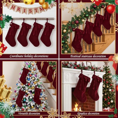 2PCS Extra Large Velvet Christmas Stockings 20 Inch Burgundy with Bow