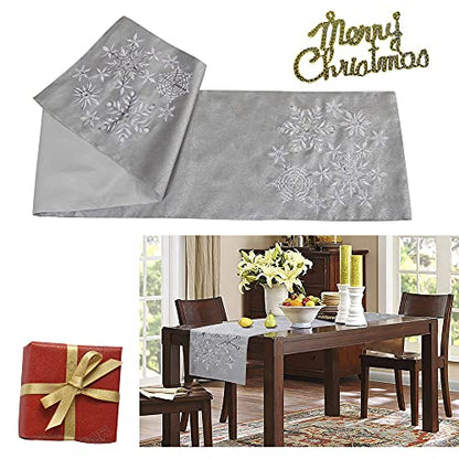 Christmas Snowflake Silver Grey Table Runner 14x70 Inch Embroidered Holiday Decor