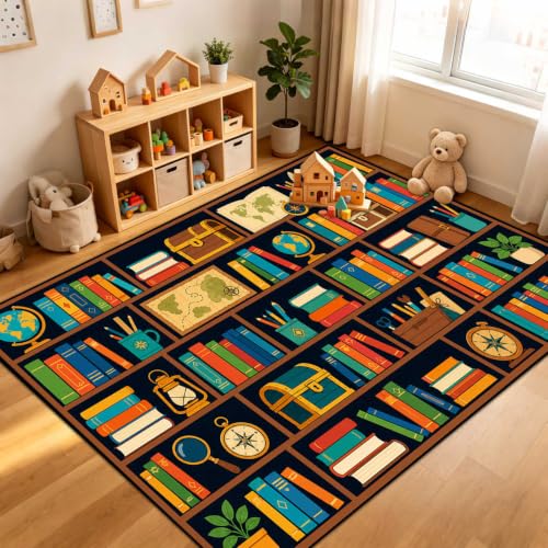 Colorful Bookworm Area Rug 5x7 for Kids' Reading Nook Bedroom Living Room - Non-Slip