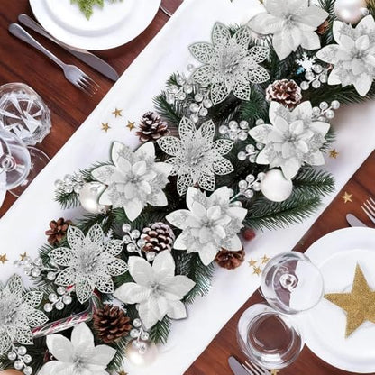 Artificial Christmas Poinsettia Flowers with Glitter - Silver, 30 pcs