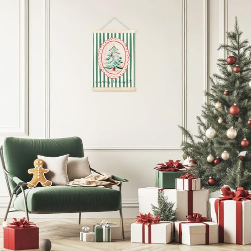 Christmas Wall Art Poster - Vintage Green Tree with Stripes - Two