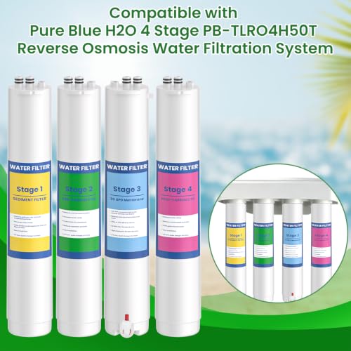 4 Pack Water Filter Cartridges for Reverse Osmosis Systems - Compatible with Pure Blue H2O PB‑TLRO4H50T