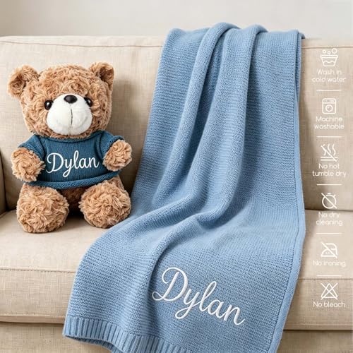 Personalized Baby Knit Blanket with Teddy Bear Set - Custom Name Gift for Newborns
