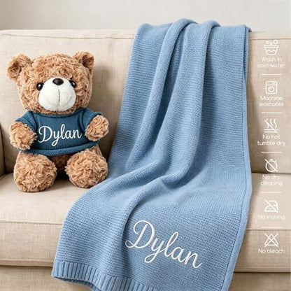 Personalized Baby Knit Blanket with Teddy Bear Set - Custom Name Gift for Newborns