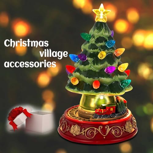 Lighted Ceramic Christmas Tree with Rotating Train - 7.48 Inch Holiday Decor