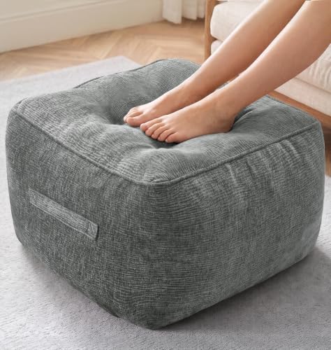 Large Chenille Square Pouf Ottoman Foot Rest - Grey, 20 x 20 x 14 inches
