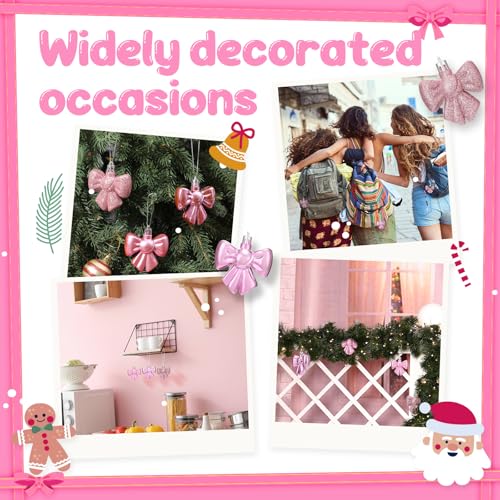 Pink Bow Christmas Ornaments Set - Friendship Gift Decorations, 12 Pieces