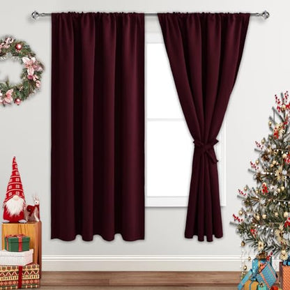 Burgundy Blackout Curtains for Bedroom - Thermal Insulated Room Darkening Noise Reducing, 52 x 63 Inch Set of 2 Panels with Tiebacks
